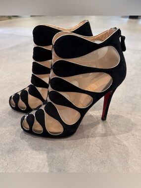 Christian Louboutin Black Suede And Nude Mesh Circus Cutout Ankle Boots EU 38 8